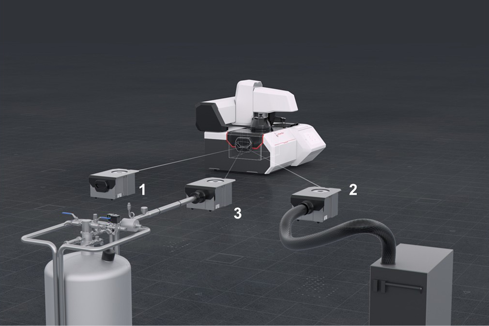 [Translate to fr_fr:] Figure 3: Representation of Julia DSC 500 with the interchangeable cooling modules. 1 ACM, 2 NCM, 3 RCM.