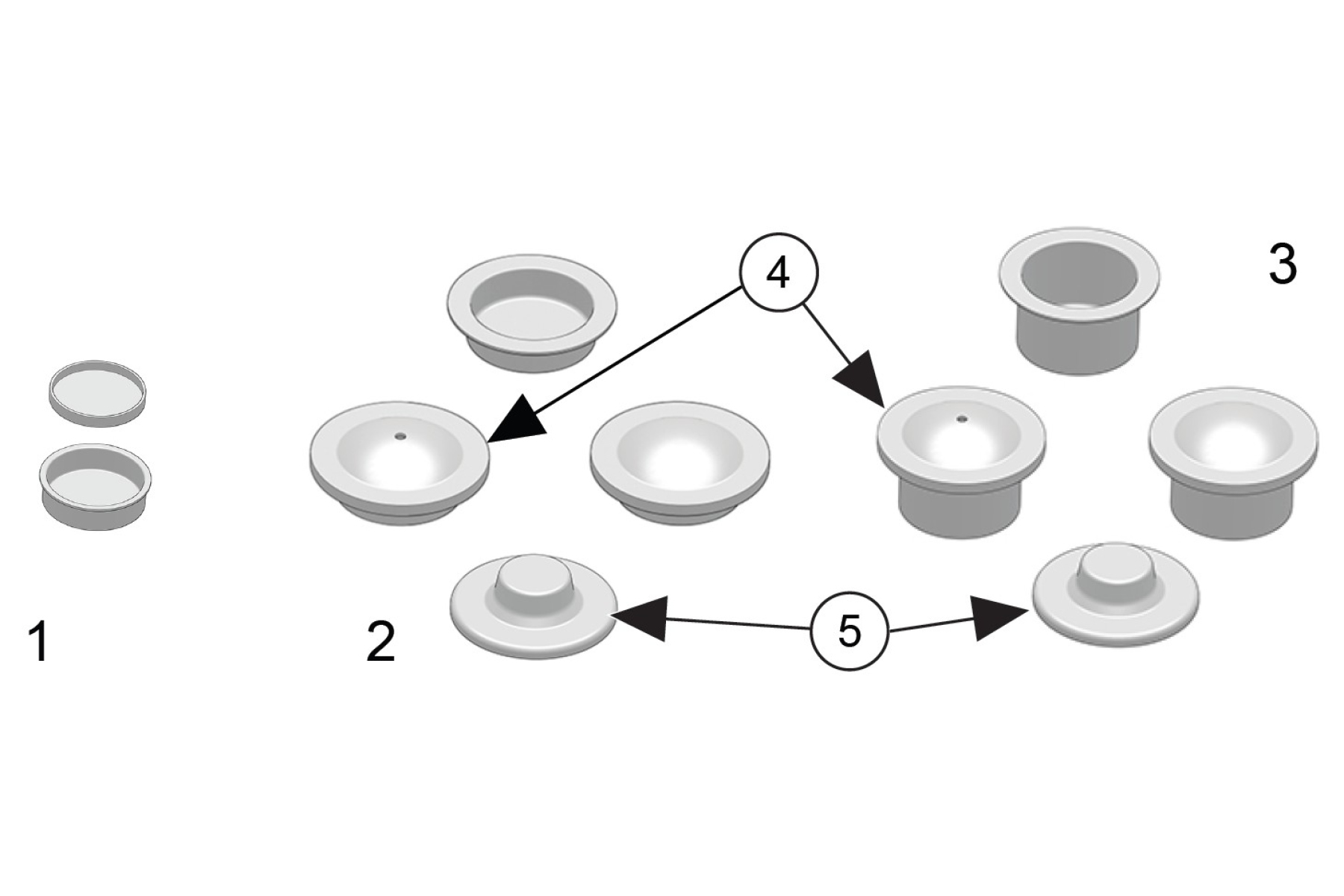 [Translate to fr_fr:] Figure 5: Crucible Overview Julia DSC. 1: Al Crucible 20 μL; 2: Al Crucible 40 μL; 3: Al Crucible 100 μL; 4: Pre-pierced lid; 5: Al Piercing lid, for piercing with the Autosampler Piercing Device.