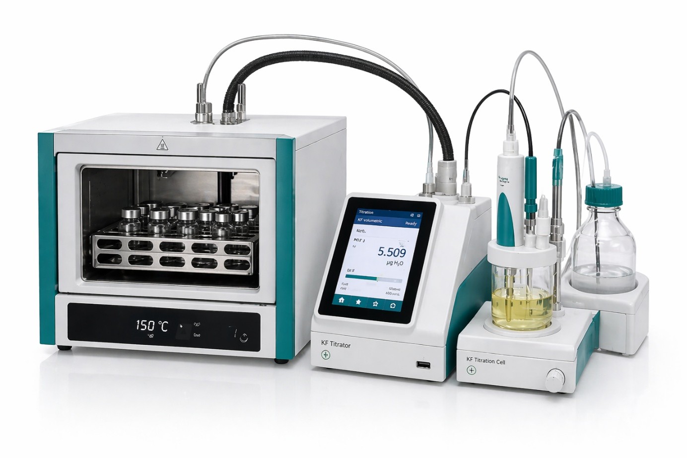 Illustrative image of a Karl Fischer titrator equipped with an oven, as described in Method B. 